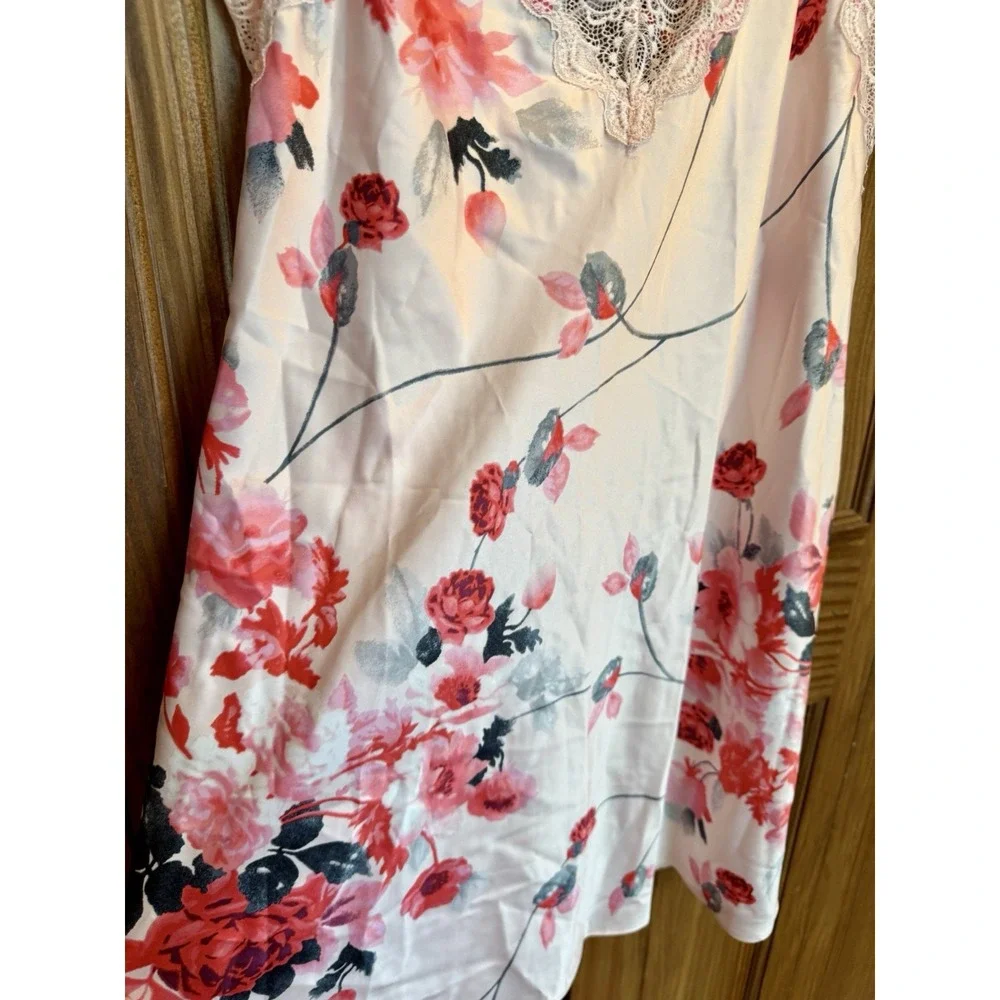 Y2K Babydoll Romantic Oriental Floral‎ Print Lace Satin Slip Lingerie Dress M